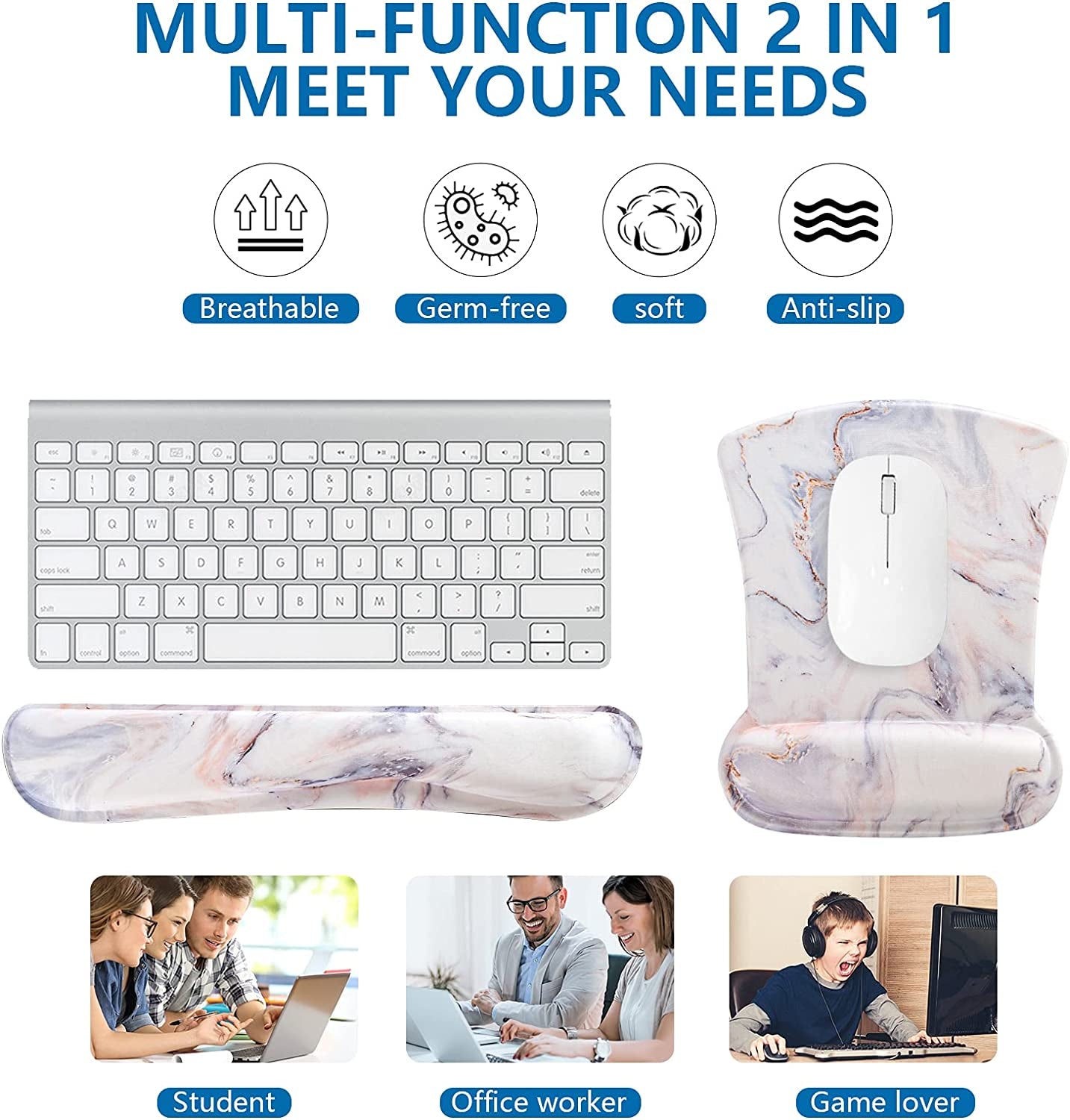 Keyboard Wrist Rest Pad and Mouse Wrist Rest Support Mouse Pad Set,Sturdy & Comfortable & Lightweight for Easy Typing & Pain Relief-Ergonomic Support (Marble)
