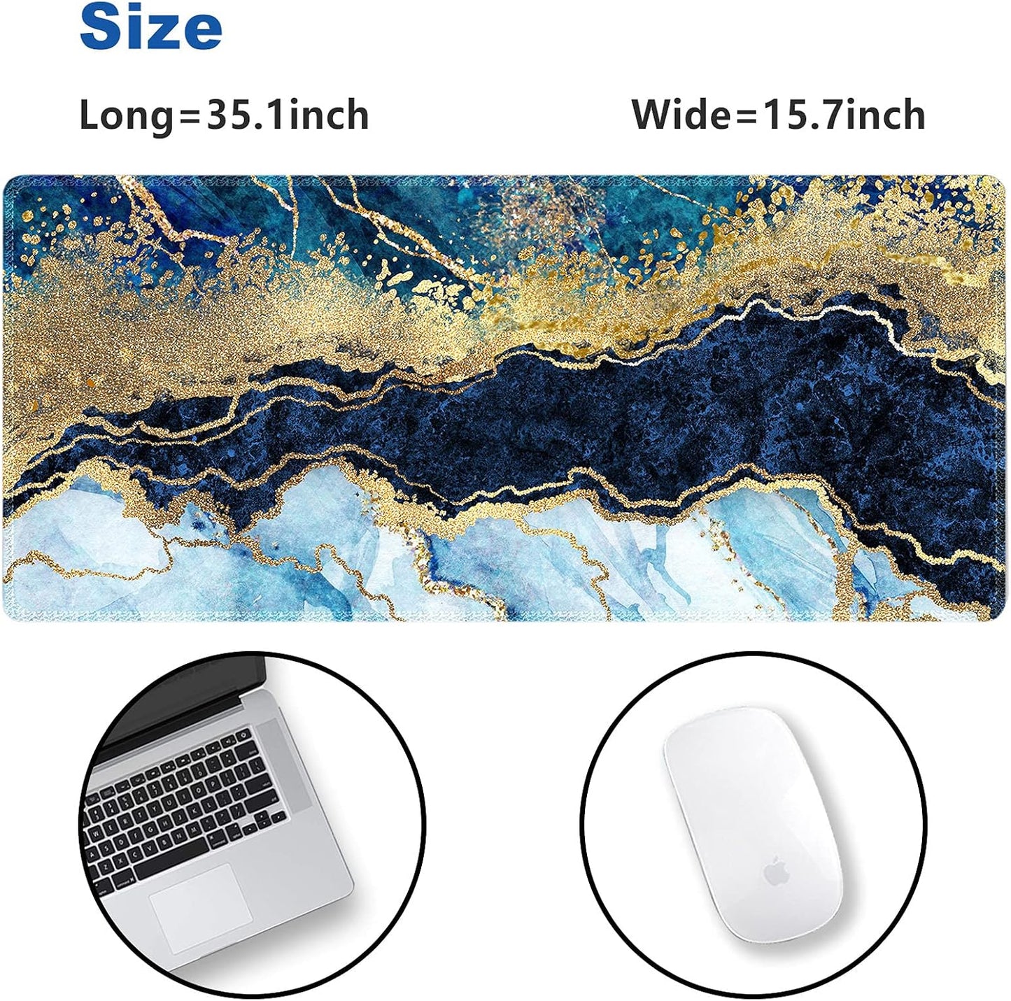 Extended Gaming Mouse Pad XXL Large Keyboard Mat Long Mousepad Desk Decor Writing Pad Non Slip Rubber Base Stitched Edges for Work, Game, Office, Home, 35.1" X 15.7", Blue Marble