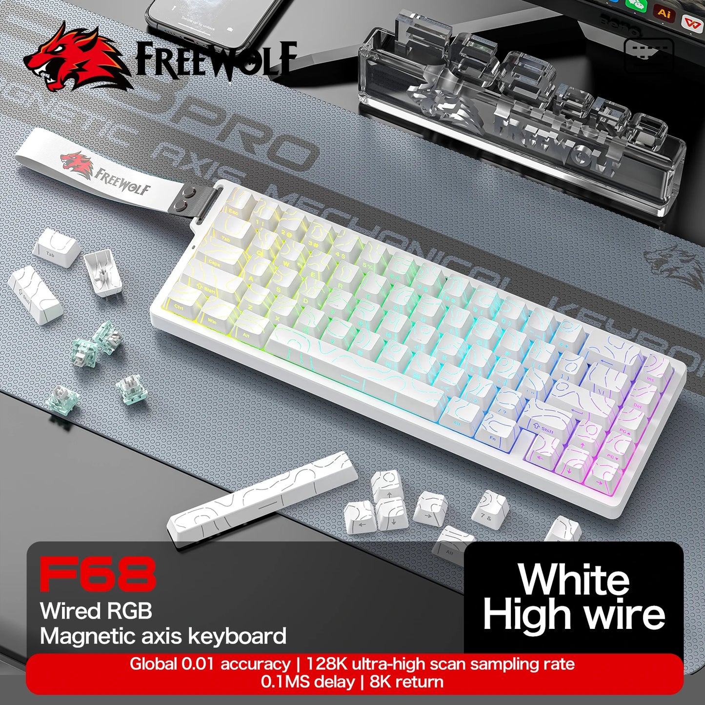 F68PRO 8K RGB Mechanical Keyboard ,Magnetic Switch,0.01Mm RT Accuracy,128K Scan Rate,Customs Gaming Keyboards