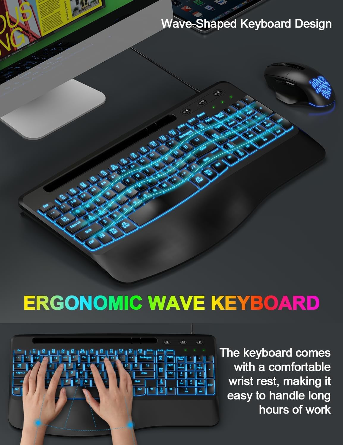 Ergonomic Backlit Computer Keyboards, USB Wired Lighted Keyboard with 7 Black
