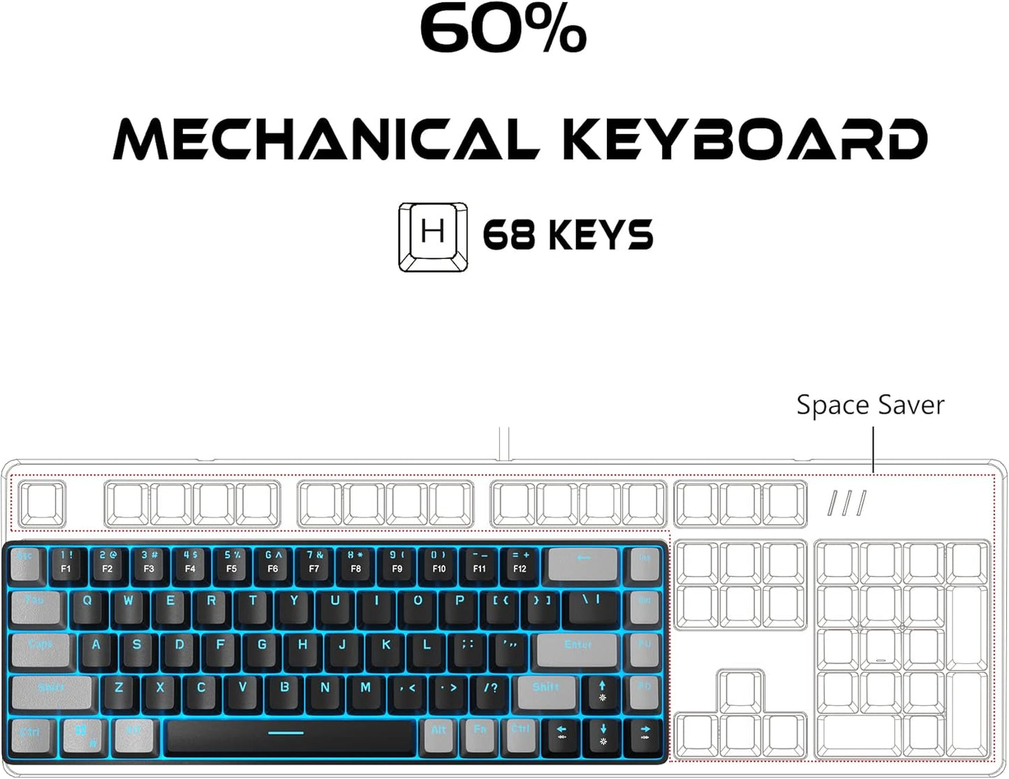 Percent 60 Gaming Mechanical Keyboard,Compact 68 Keys Anti-Ghosting with Blue Switch with Detachable Type-C Keyboard for PC Gamer Windows Laptop Mac/Xbox(Red Switch, Gray & Black)