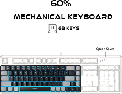 Percent 60 Gaming Mechanical Keyboard,Compact 68 Keys Anti-Ghosting with Blue Switch with Detachable Type-C Keyboard for PC Gamer Windows Laptop Mac/Xbox(Red Switch, Gray & Black)