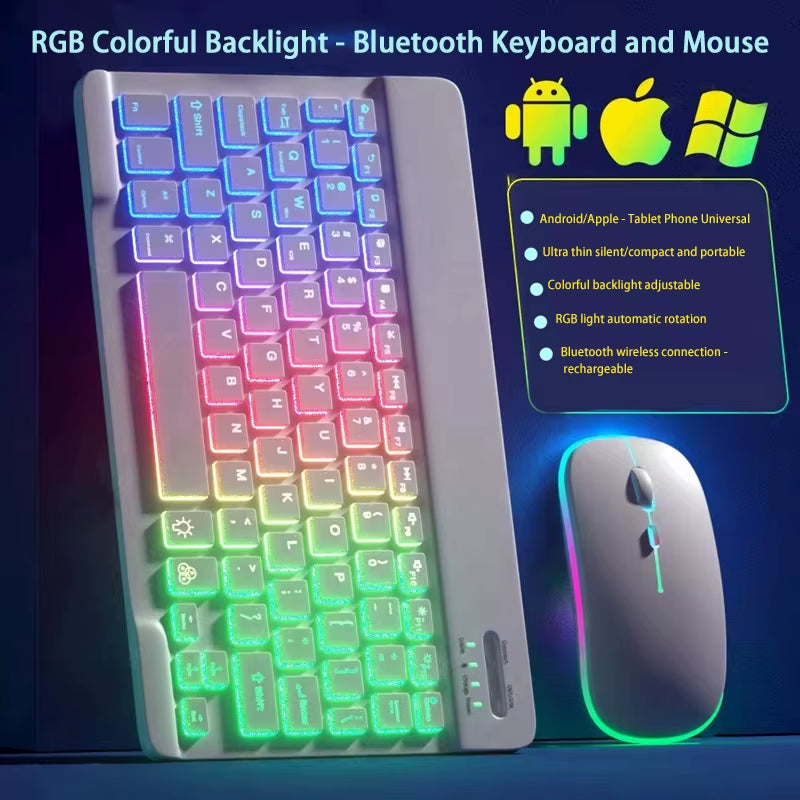 Wireless Bluetooth Backlit Keyboards RGB Colorful Gradient Luminous Mini Keyboard and Mouse Set for Apple Samsung Tablet