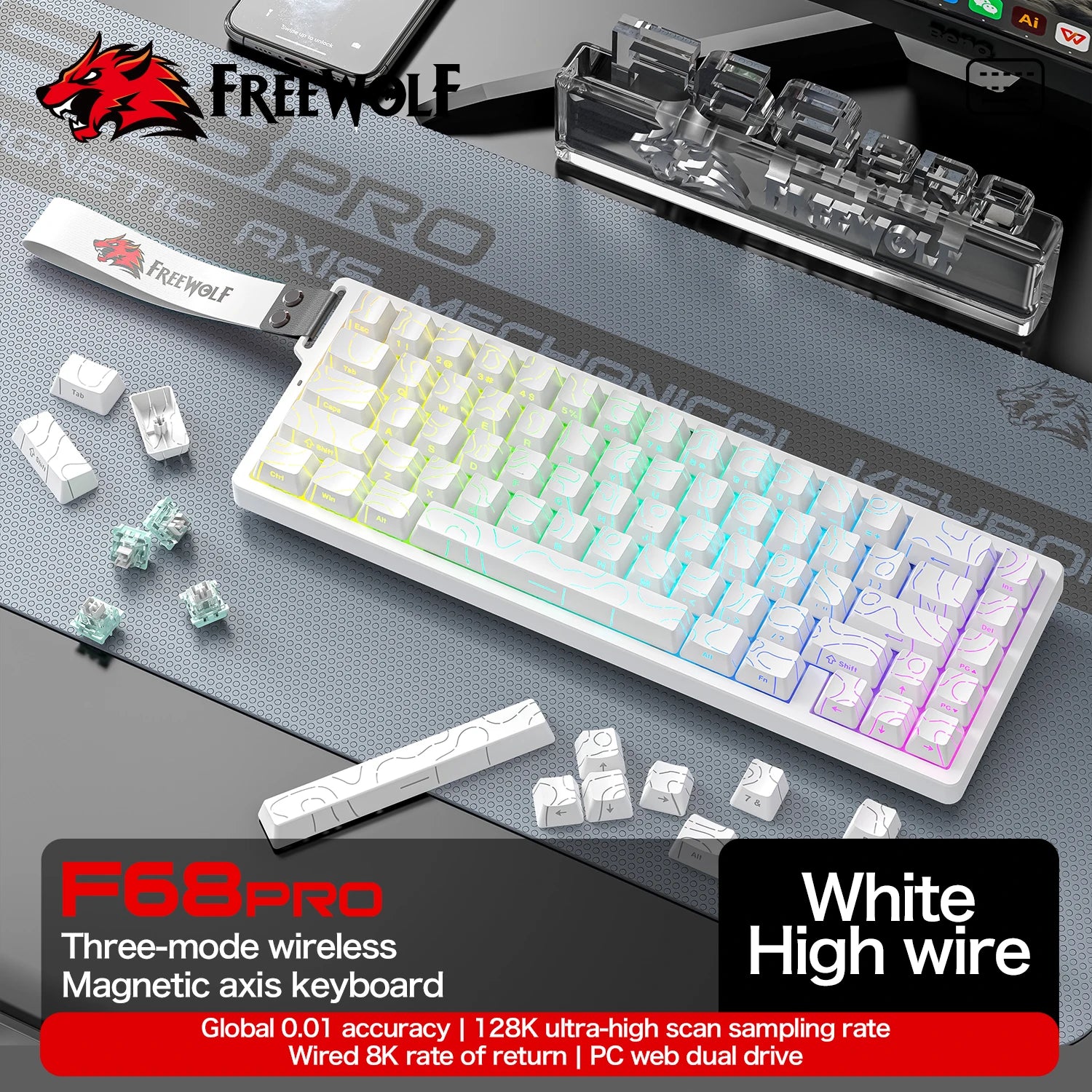 F68PRO 8K RGB Mechanical Keyboard ,Magnetic Switch,0.01Mm RT Accuracy,128K Scan Rate,Customs Gaming Keyboards