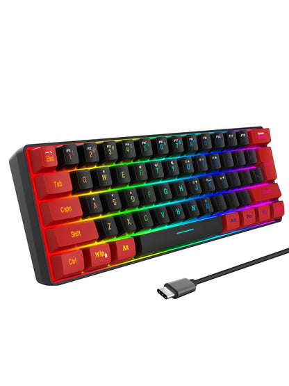 Snpurdiri One, Black and Red RGB Lighting ABS Material, Compact Mini Keyboard with Keyline Separation, Compact 61 Keyboard, for PC/ Gamers, Typists, Travel, Convenient 60% Wired Game Keyboard