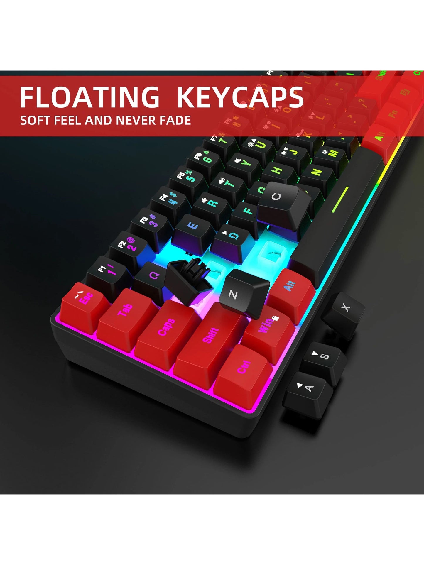 Snpurdiri One, Black and Red RGB Lighting ABS Material, Compact Mini Keyboard with Keyline Separation, Compact 61 Keyboard, for PC/ Gamers, Typists, Travel, Convenient 60% Wired Game Keyboard
