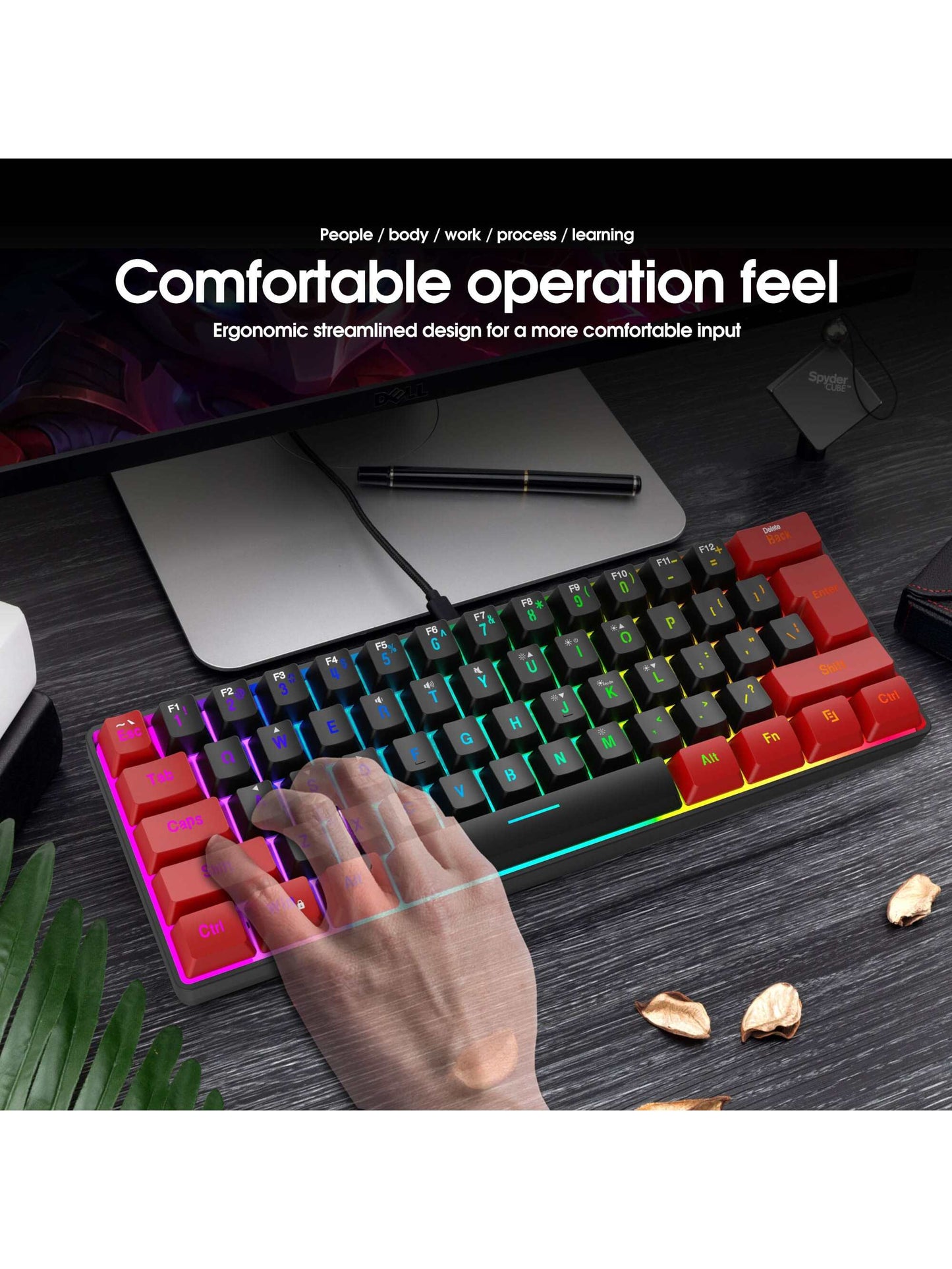 Snpurdiri One, Black and Red RGB Lighting ABS Material, Compact Mini Keyboard with Keyline Separation, Compact 61 Keyboard, for PC/ Gamers, Typists, Travel, Convenient 60% Wired Game Keyboard