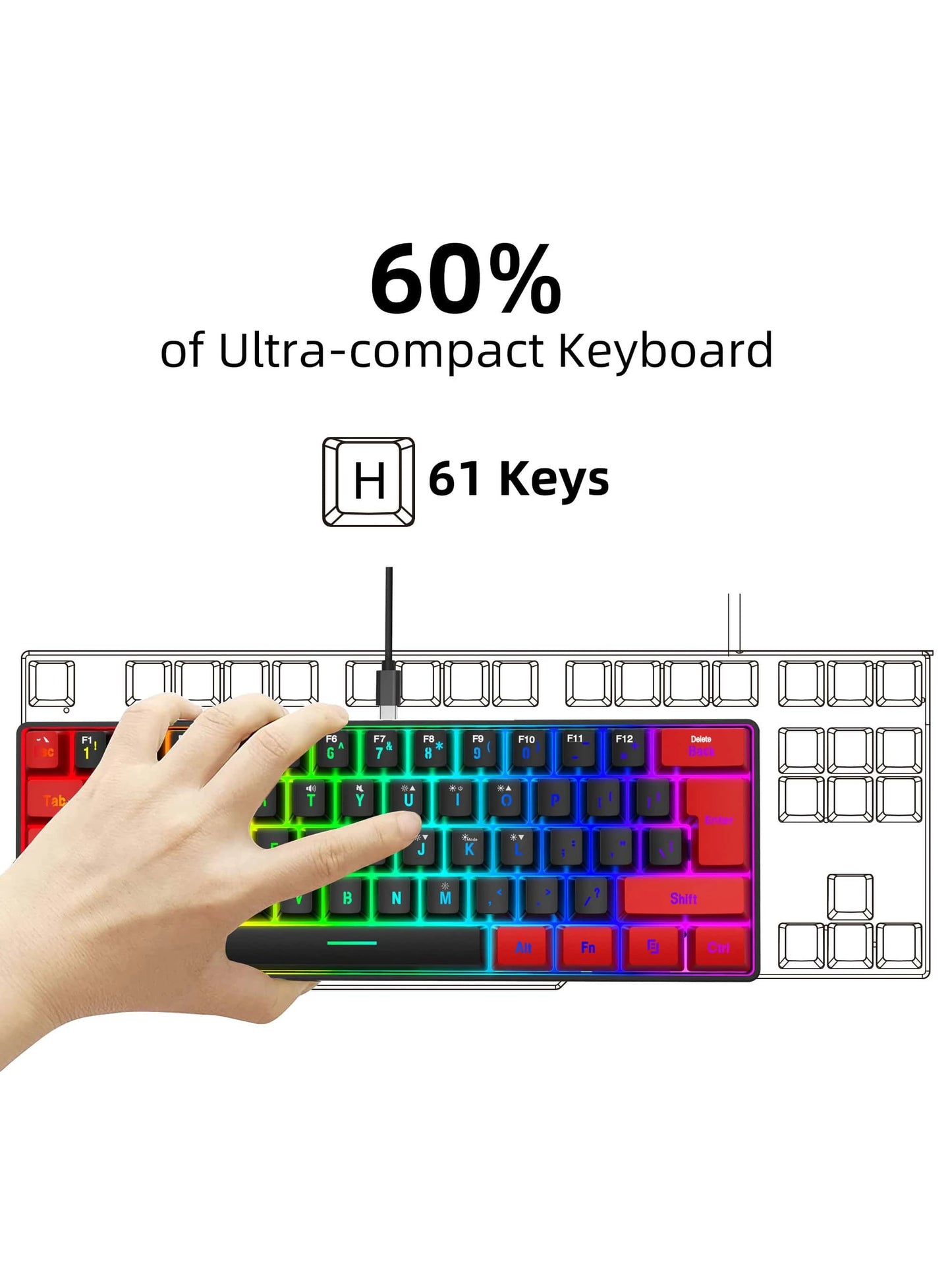 Snpurdiri One, Black and Red RGB Lighting ABS Material, Compact Mini Keyboard with Keyline Separation, Compact 61 Keyboard, for PC/ Gamers, Typists, Travel, Convenient 60% Wired Game Keyboard