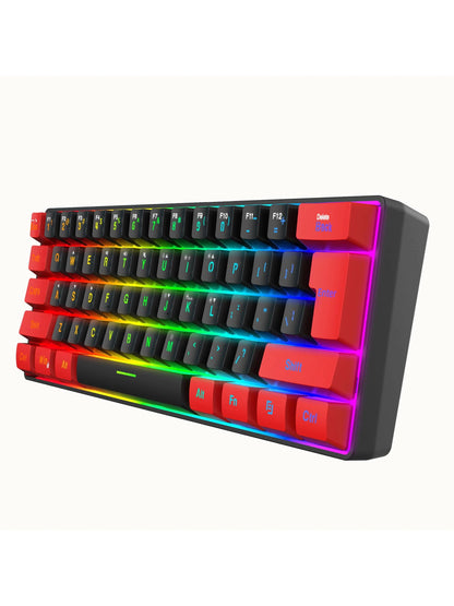 Snpurdiri One, Black and Red RGB Lighting ABS Material, Compact Mini Keyboard with Keyline Separation, Compact 61 Keyboard, for PC/ Gamers, Typists, Travel, Convenient 60% Wired Game Keyboard