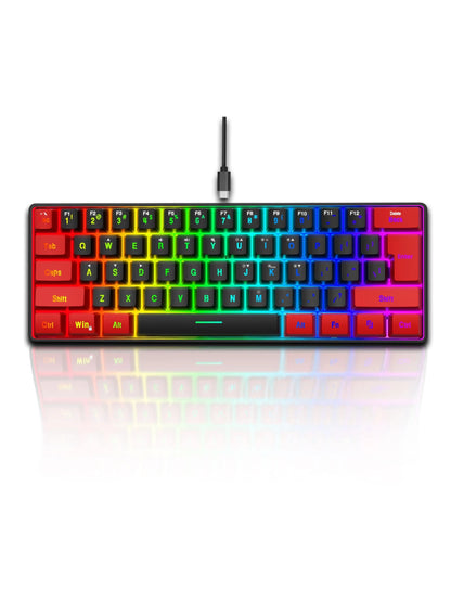 Snpurdiri One, Black and Red RGB Lighting ABS Material, Compact Mini Keyboard with Keyline Separation, Compact 61 Keyboard, for PC/ Gamers, Typists, Travel, Convenient 60% Wired Game Keyboard