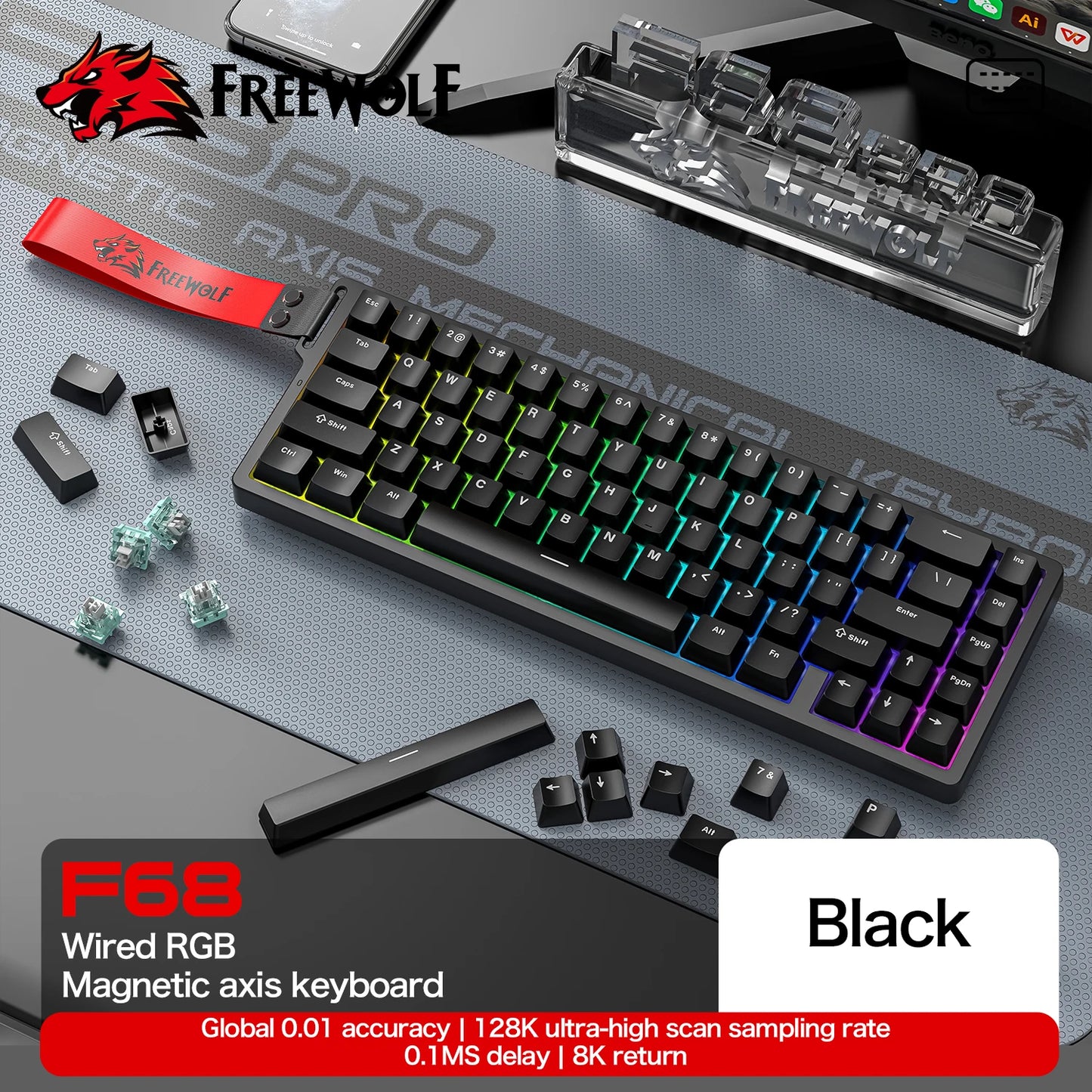 F68PRO 8K RGB Mechanical Keyboard ,Magnetic Switch,0.01Mm RT Accuracy,128K Scan Rate,Customs Gaming Keyboards