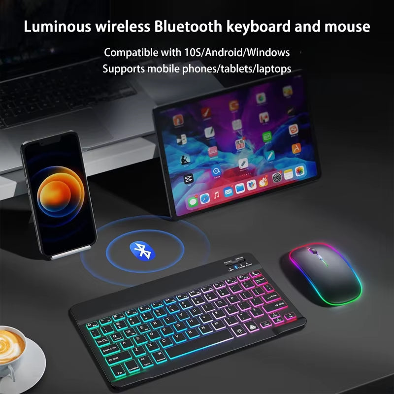 Wireless Bluetooth Backlit Keyboards RGB Colorful Gradient Luminous Mini Keyboard and Mouse Set for Apple Samsung Tablet