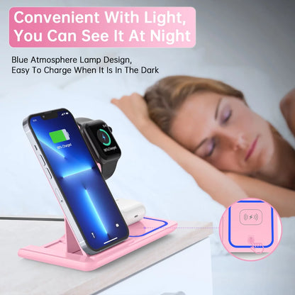 Wireless Charger, 18W 3 in 1 Wireless Charging Station for Iphone 16E 15 14 13 12 Pro XR XS, Fast Charing Stand for Iwatch 10/9/8/7/6/SE/5/4/3, Airpods 4/3/2/Pro, Samsung Galaxy S23 S22 S21 20(Pink)