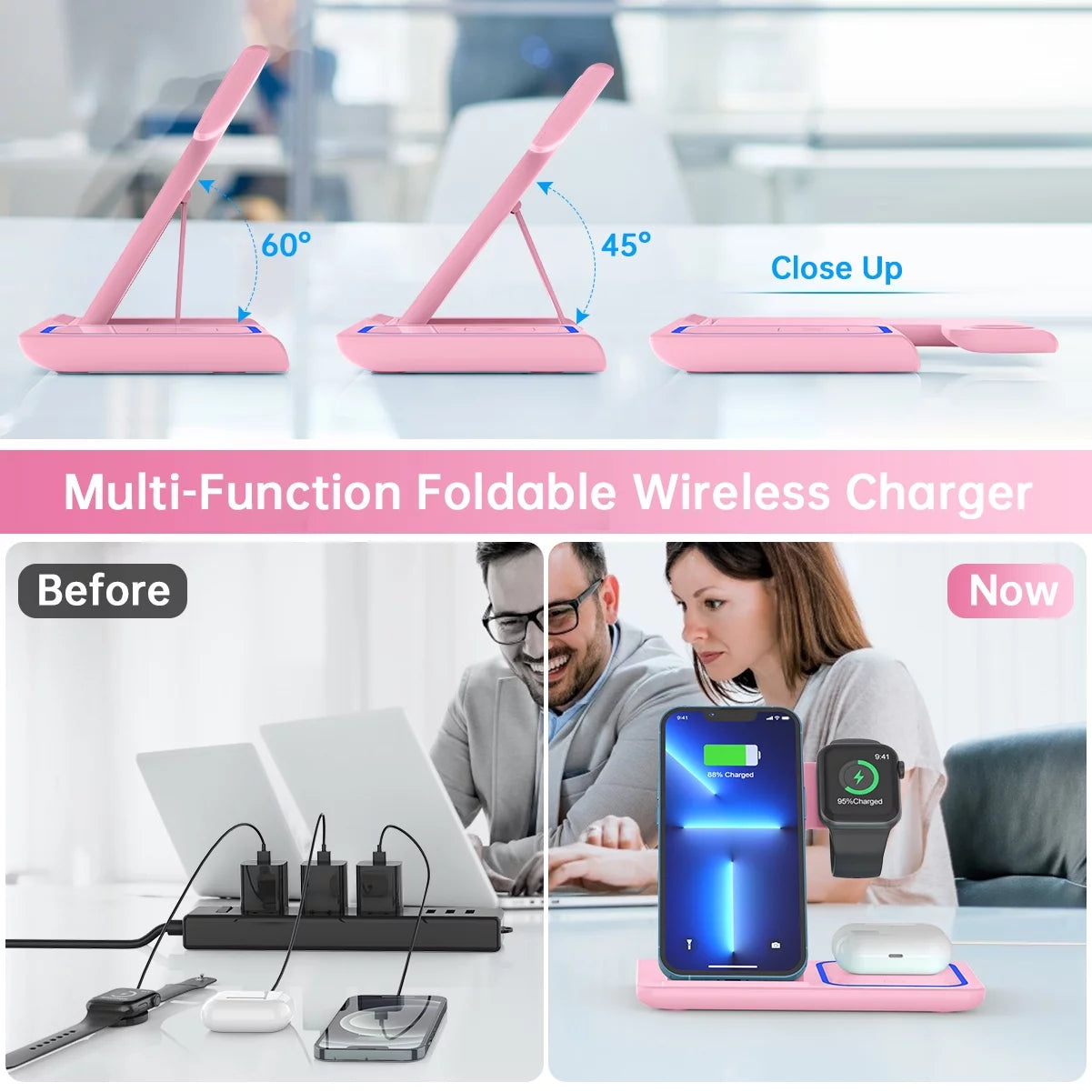 Wireless Charger, 18W 3 in 1 Wireless Charging Station for Iphone 16E 15 14 13 12 Pro XR XS, Fast Charing Stand for Iwatch 10/9/8/7/6/SE/5/4/3, Airpods 4/3/2/Pro, Samsung Galaxy S23 S22 S21 20(Pink)
