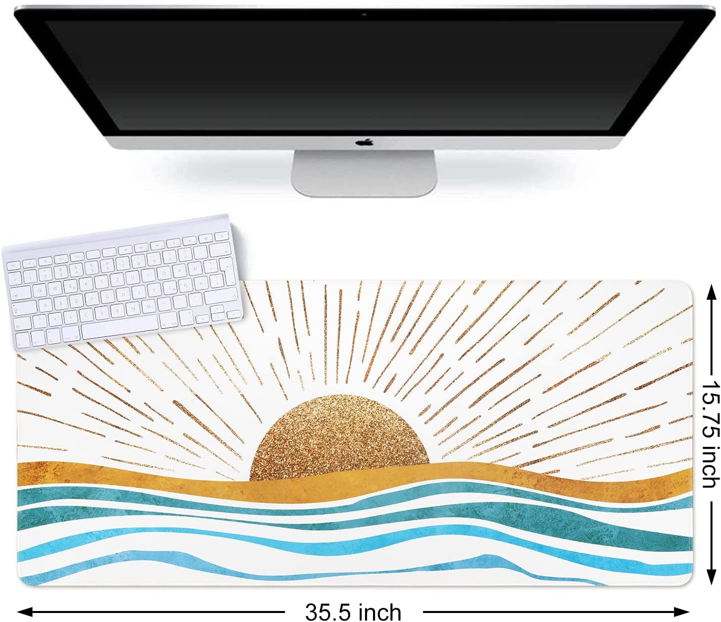Large Gaming Mouse Pad, Non-Slip Rubber Base Water-Resistant Mousepad Desk Mat for Computer Keyboard, 35.4" X 15.75" Extended Desk Pad with Stitched Edges for Office Gaming, Golden Sun & Sea