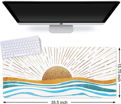 Large Gaming Mouse Pad, Non-Slip Rubber Base Water-Resistant Mousepad Desk Mat for Computer Keyboard, 35.4" X 15.75" Extended Desk Pad with Stitched Edges for Office Gaming, Golden Sun & Sea