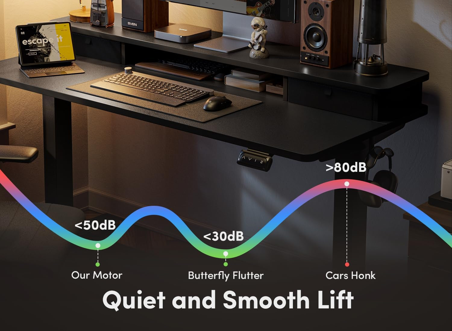 55 X 24 Inch Height Adjustable Electric Standing Desk with Double Drawer, Stand up Home Office Computer Desk with 4 Height-Adjustable Feets & 2 Hooks, Black