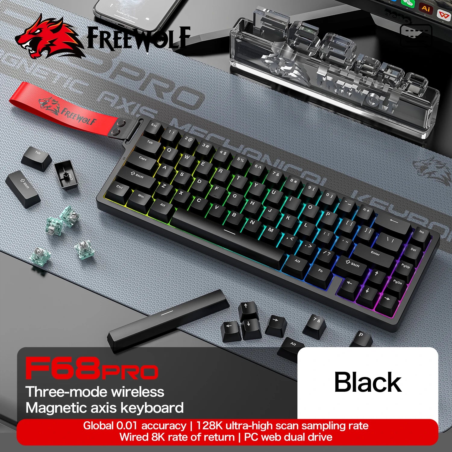 F68PRO 8K RGB Mechanical Keyboard ,Magnetic Switch,0.01Mm RT Accuracy,128K Scan Rate,Customs Gaming Keyboards