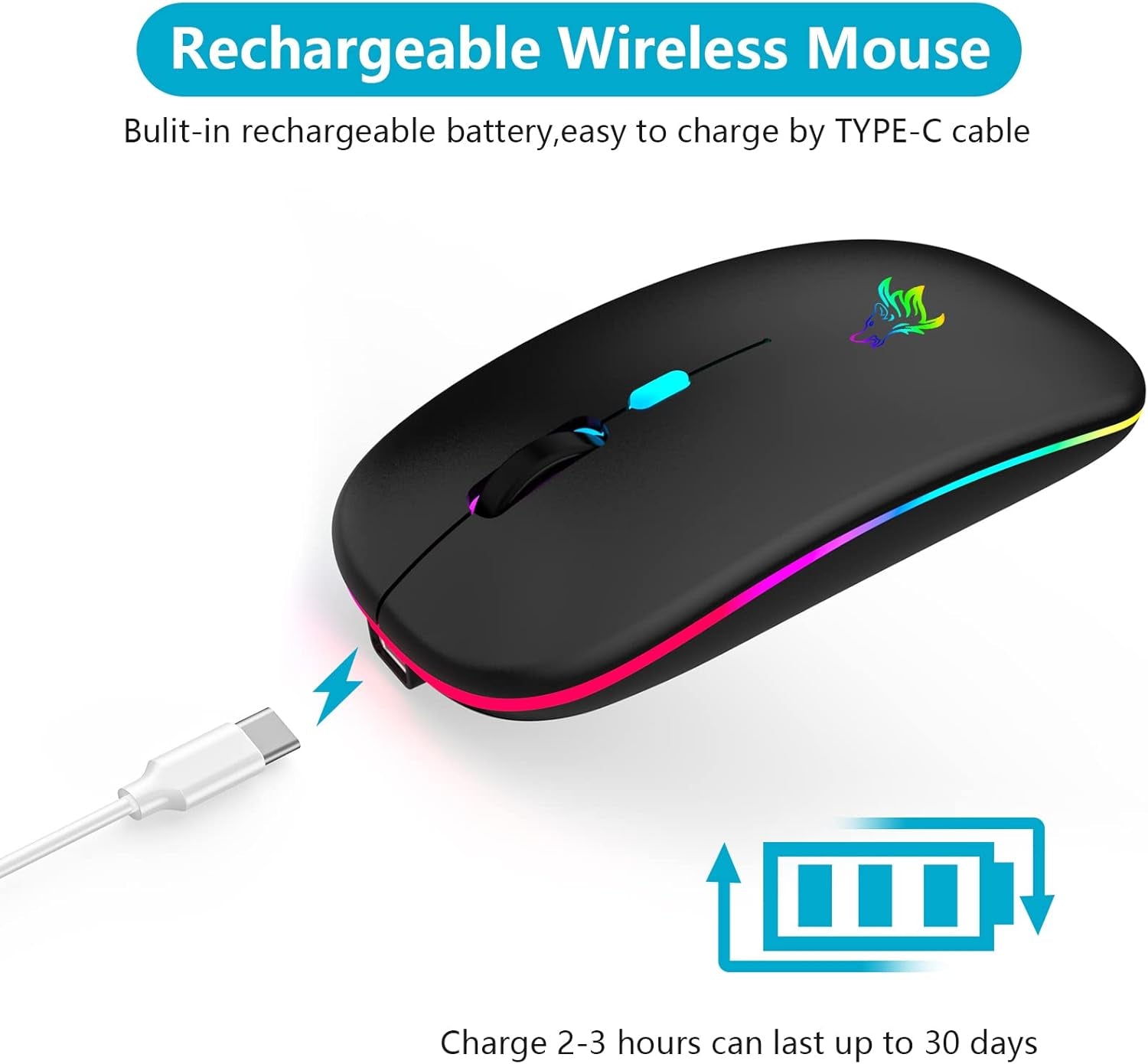 Slim Silent LED Wireless Computer Mouse - Rechargeable, 2.4G Portable, USB Receiver, Suitable for Laptop, Desktop