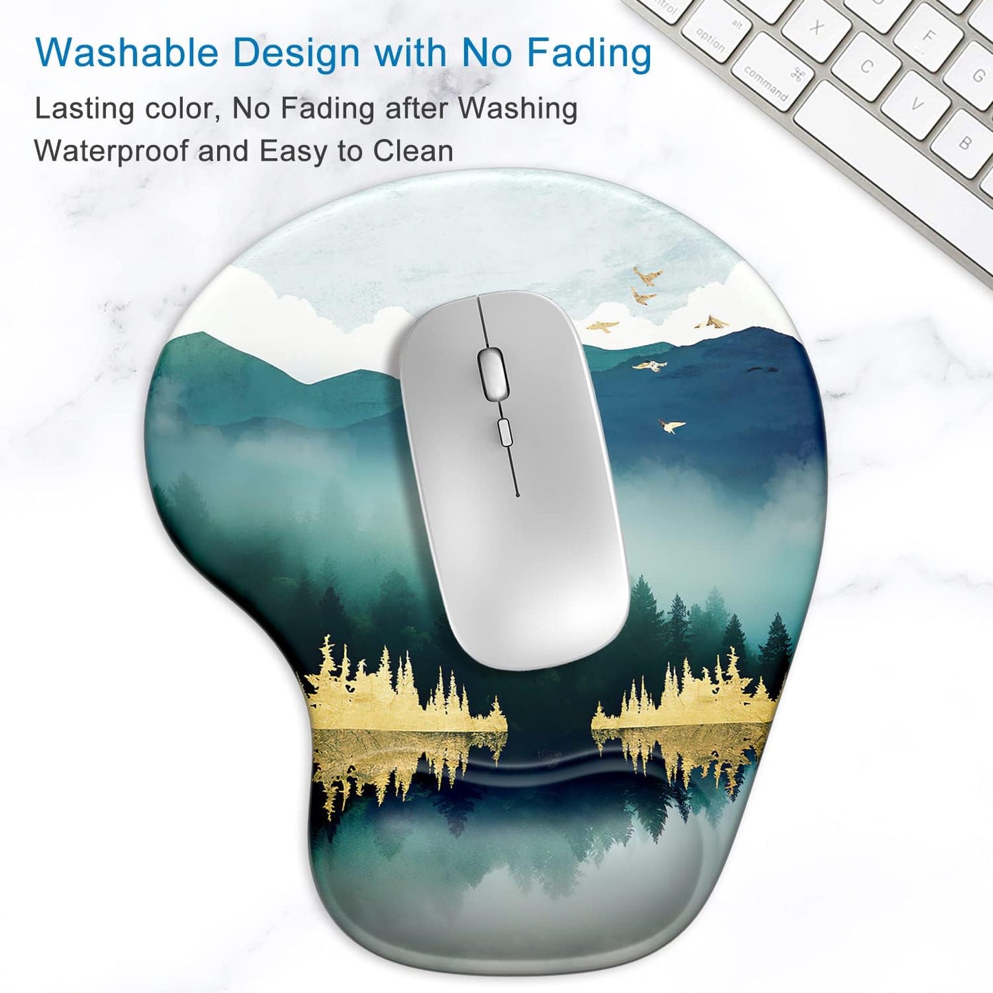 Ergonomic Mouse Pad with Gel Wrist Support Wrist Rest Smooth Surface Non-Slip PU Base Comfortable Office Supplies Pain Relief, 9.5 X 8 Inches, Landscape Forest