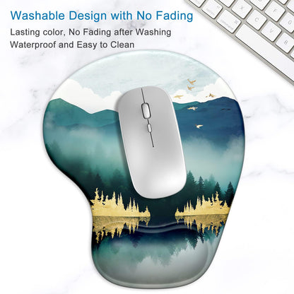 Ergonomic Mouse Pad with Gel Wrist Support Wrist Rest Smooth Surface Non-Slip PU Base Comfortable Office Supplies Pain Relief, 9.5 X 8 Inches, Landscape Forest