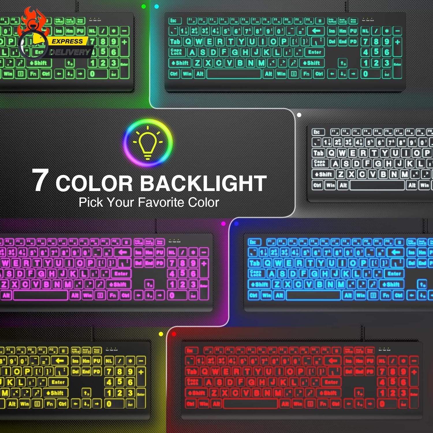 Large Print Backlit Keyboard, Wired USB Lighted Computer Keyboards with 7-Color