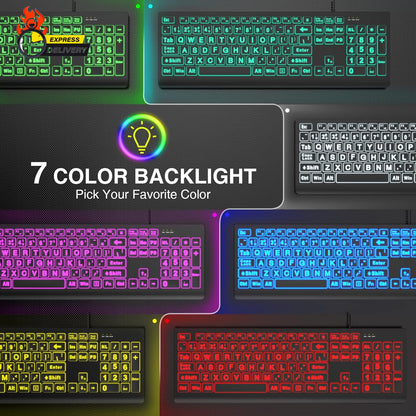 Large Print Backlit Keyboard, Wired USB Lighted Computer Keyboards with 7-Color