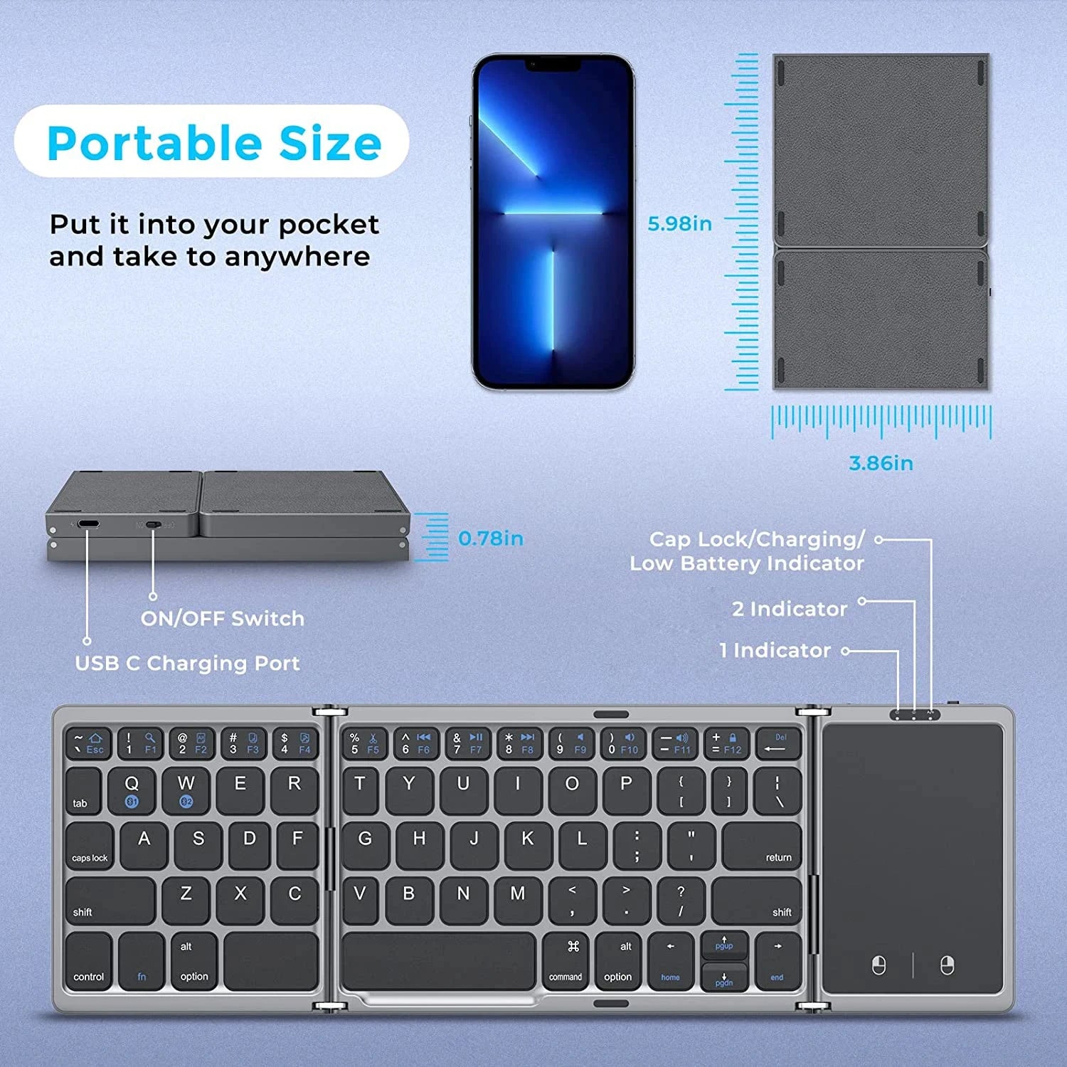 NEW Foldable Wireless Bluetooth Keyboard with Touchpad Rechargeable Portable Keyboards for Smartphone Android IOS Mac Windows