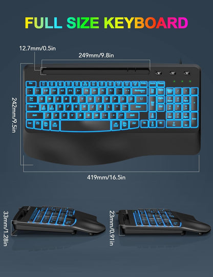 Ergonomic Backlit Computer Keyboards, USB Wired Lighted Keyboard with 7 Black