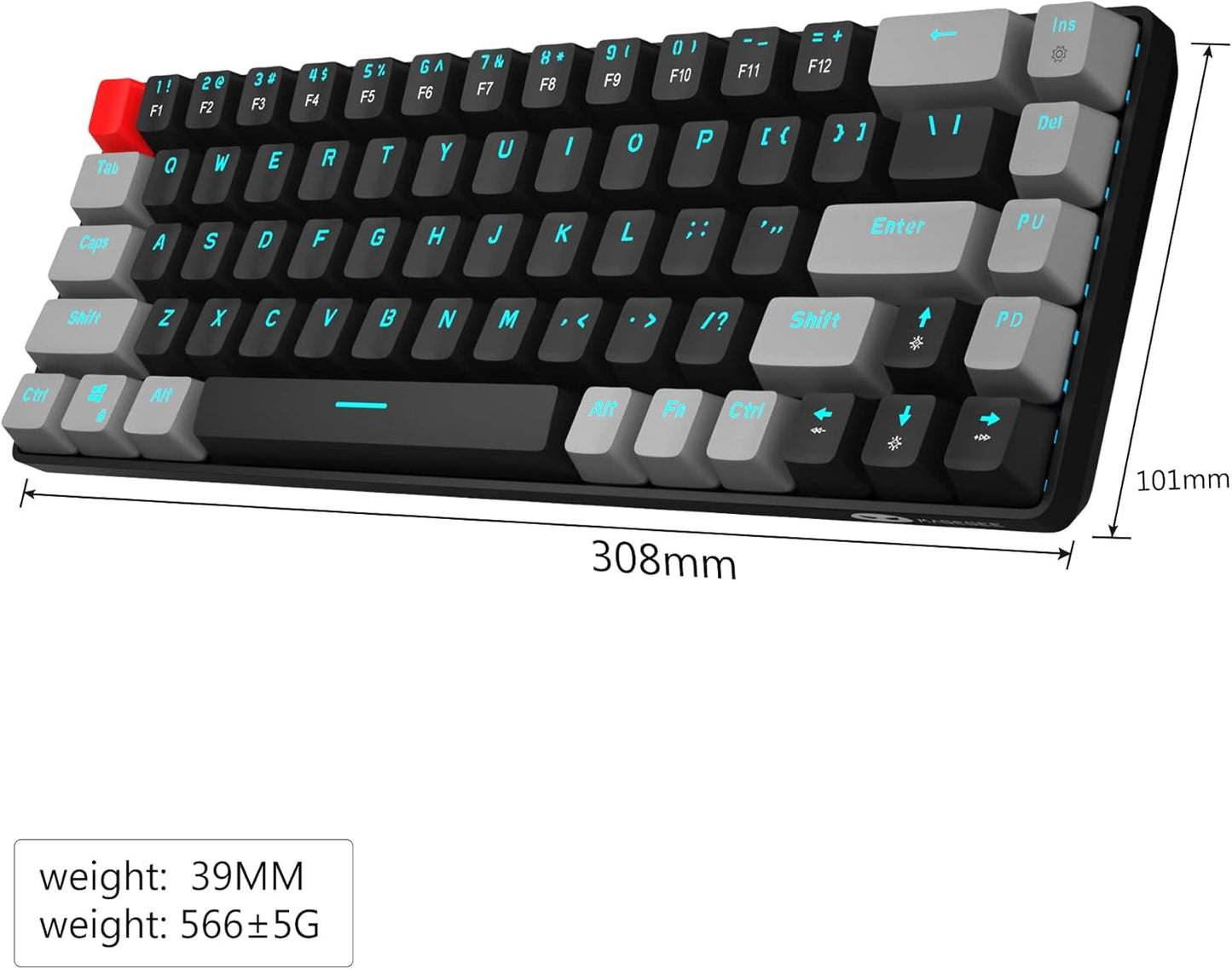 Percent 60 Gaming Mechanical Keyboard,Compact 68 Keys Anti-Ghosting with Blue Switch with Detachable Type-C Keyboard for PC Gamer Windows Laptop Mac/Xbox(Red Switch, Gray & Black)