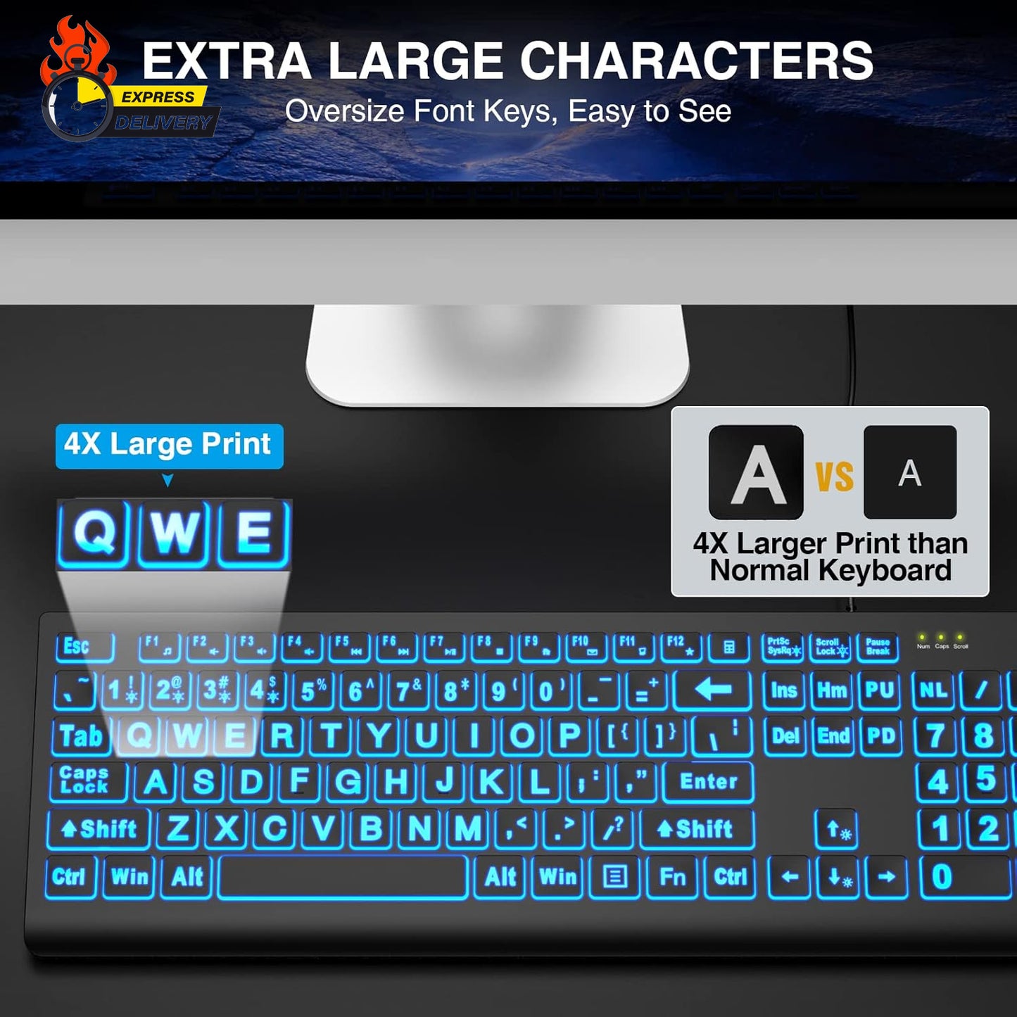 Large Print Backlit Keyboard, Wired USB Lighted Computer Keyboards with 7-Color