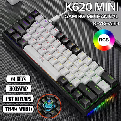 K620 Mini Gaming Mechanical Keyboard 61 Keys RGB Hotswap Type-C Wired Gaming Keyboard PBT Keycaps 60% Ergonomics Keyboards