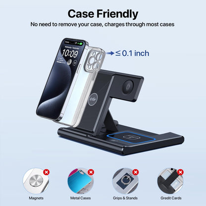Wireless Charging Station, 3 in 1 Foldable Wireless Charger Stand for Iphone 15/14/13/12/11 Series/Xr/X/Xs/8, Airpods 3/2/Pro, Apple Watch(Black)