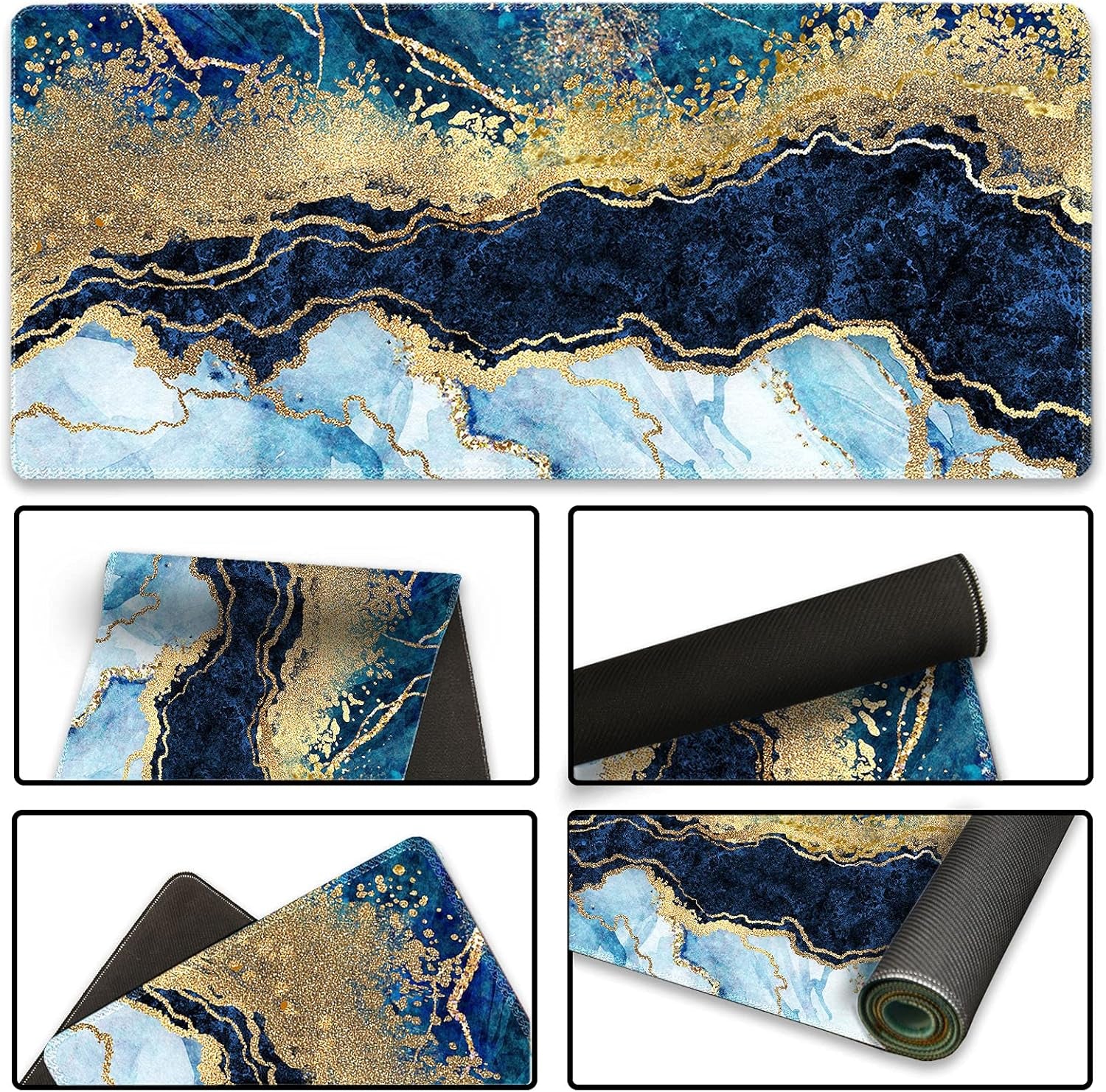 Extended Gaming Mouse Pad XXL  Large Keyboard Mat Long Mousepad Desk Decor Writing Pad Non Slip Rubber Base Stitched Edges for Work, Game, Office, Home, 35.1" X 15.7", Blue Marble