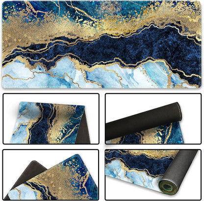 Extended Gaming Mouse Pad XXL  Large Keyboard Mat Long Mousepad Desk Decor Writing Pad Non Slip Rubber Base Stitched Edges for Work, Game, Office, Home, 35.1" X 15.7", Blue Marble
