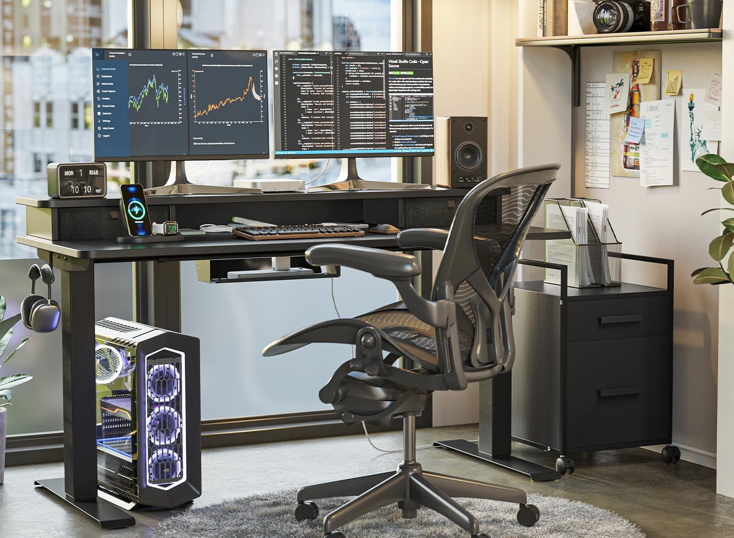 60 X 24 Inch Height Adjustable Electric Standing Desk with Double Drawer, Stand up Desk with Storage Shelf, Sit Stand Desk, Black