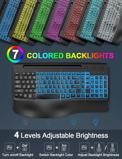 Ergonomic Backlit Computer Keyboards, USB Wired Lighted Keyboard with 7 Black
