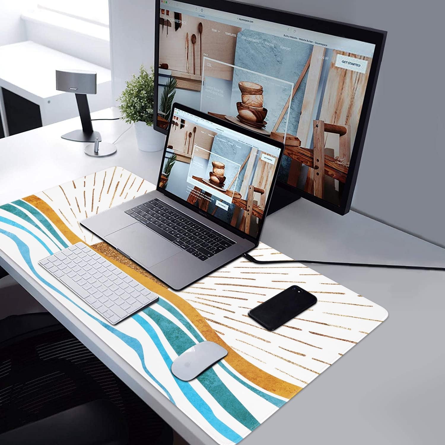 Large Gaming Mouse Pad, Non-Slip Rubber Base Water-Resistant Mousepad Desk Mat for Computer Keyboard, 35.4" X 15.75" Extended Desk Pad with Stitched Edges for Office Gaming, Golden Sun & Sea