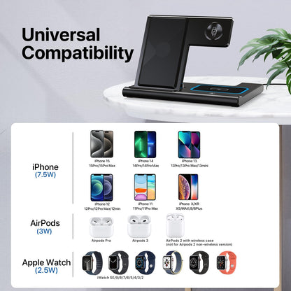 Wireless Charging Station, 3 in 1 Foldable Wireless Charger Stand for Iphone 15/14/13/12/11 Series/Xr/X/Xs/8, Airpods 3/2/Pro, Apple Watch(Black)
