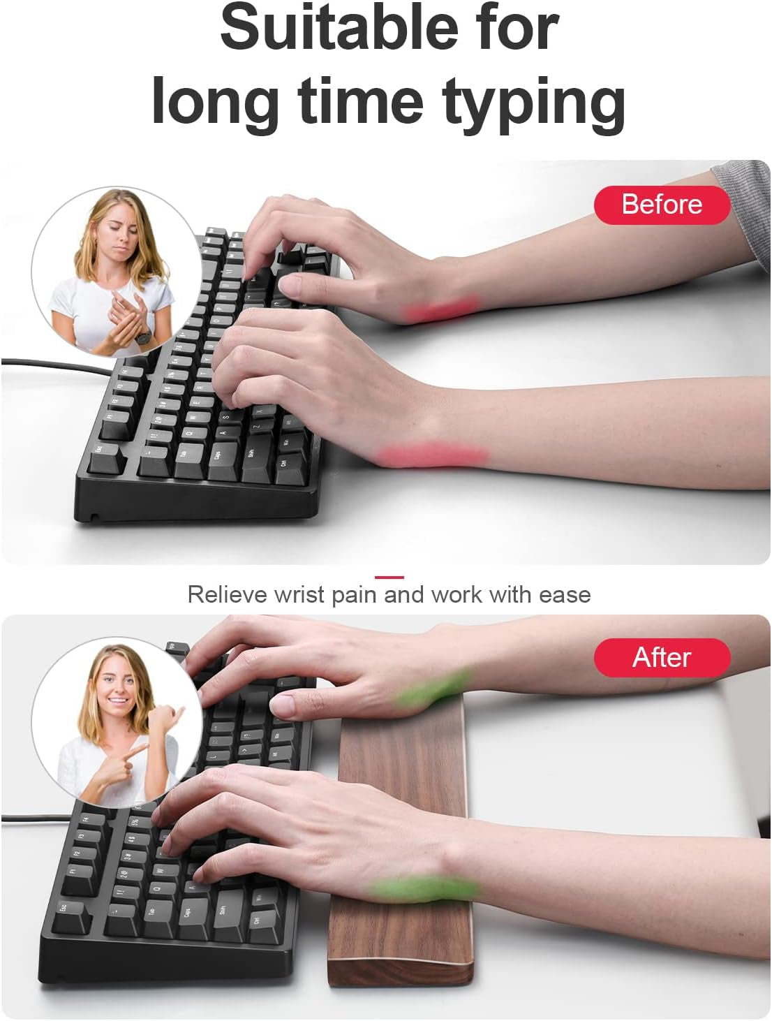 Wooden Keyboard Wrist Rest,Ergonomic TKL Gaming Walnut Mechanical Keyboard Wrist Pad,Hard Wrist Rest Palm Rest Supports Computer, Laptop Comfortable Typing Pain Relief (14.17")