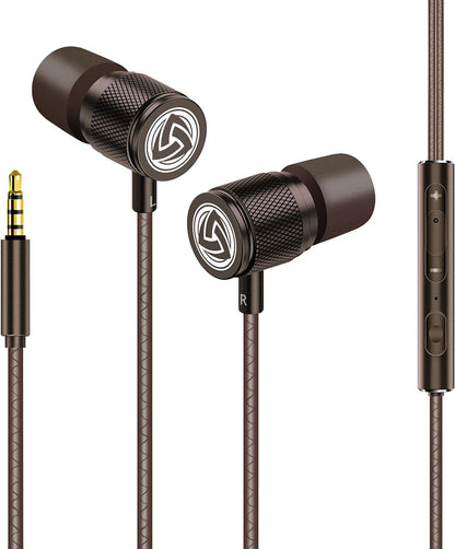 Ultra Wired Earbuds In-Ear Headphones, 5 Years Warranty, Earphones with Microphone, Noise Isolating Ear Buds, Memory Foam for Iphone, Samsung, School Students, Kids, Women, Small Ears - Brown