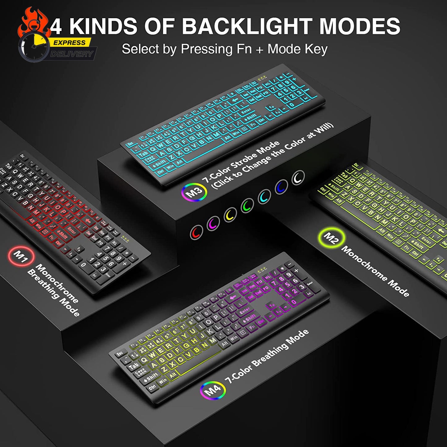 Large Print Backlit Keyboard, Wired USB Lighted Computer Keyboards with 7-Color