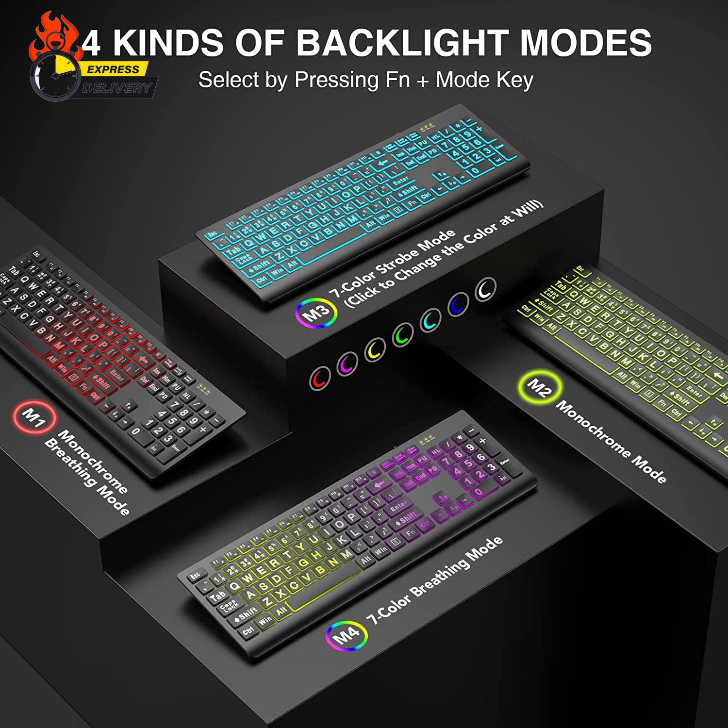 Large Print Backlit Keyboard, Wired USB Lighted Computer Keyboards with 7-Color