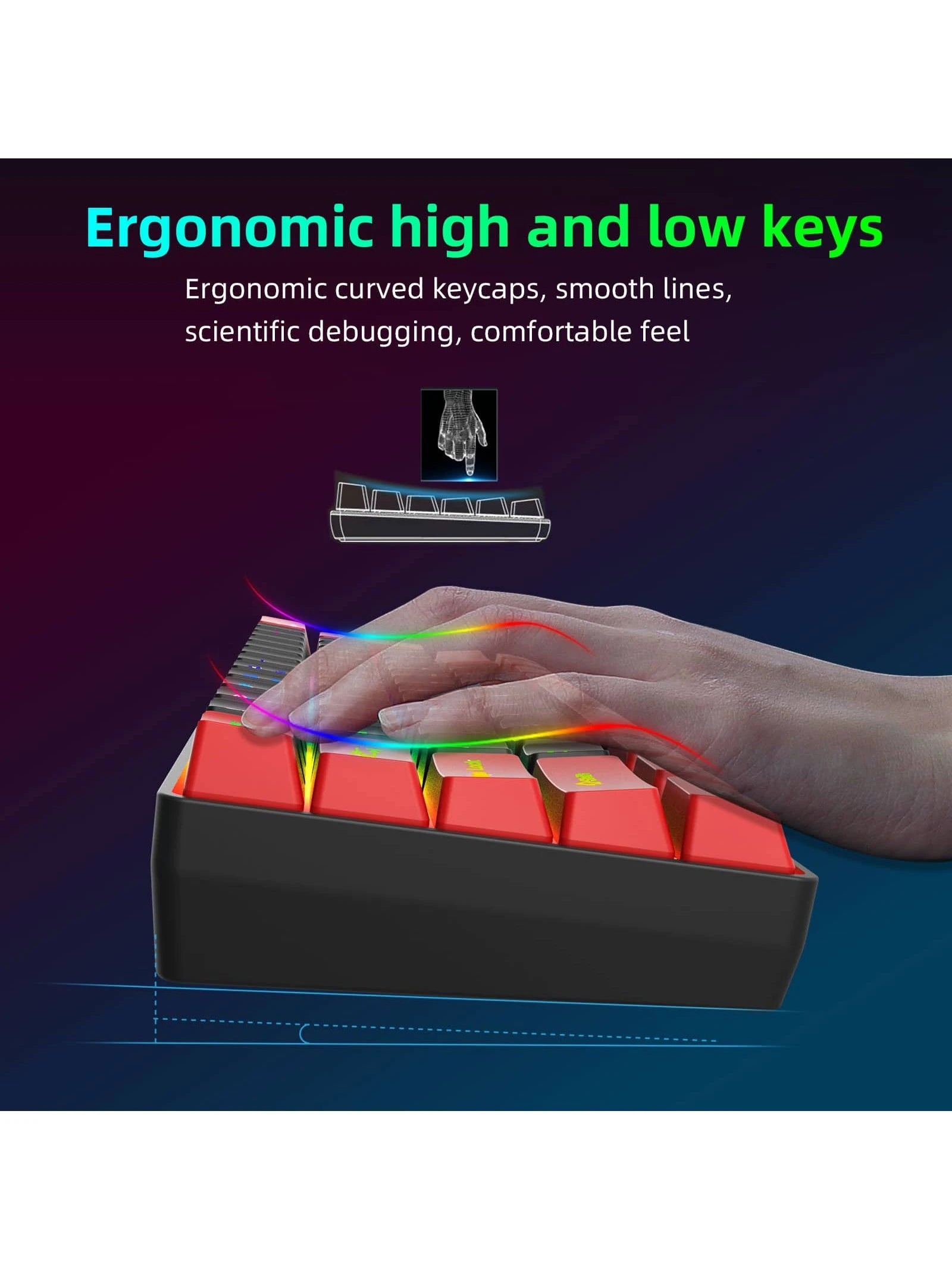 Snpurdiri One, Black and Red RGB Lighting ABS Material, Compact Mini Keyboard with Keyline Separation, Compact 61 Keyboard, for PC/ Gamers, Typists, Travel, Convenient 60% Wired Game Keyboard