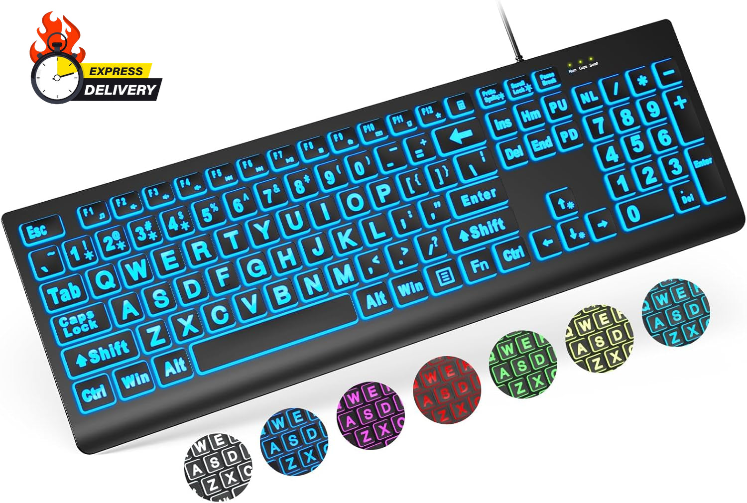 Large Print Backlit Keyboard, Wired USB Lighted Computer Keyboards with 7-Color