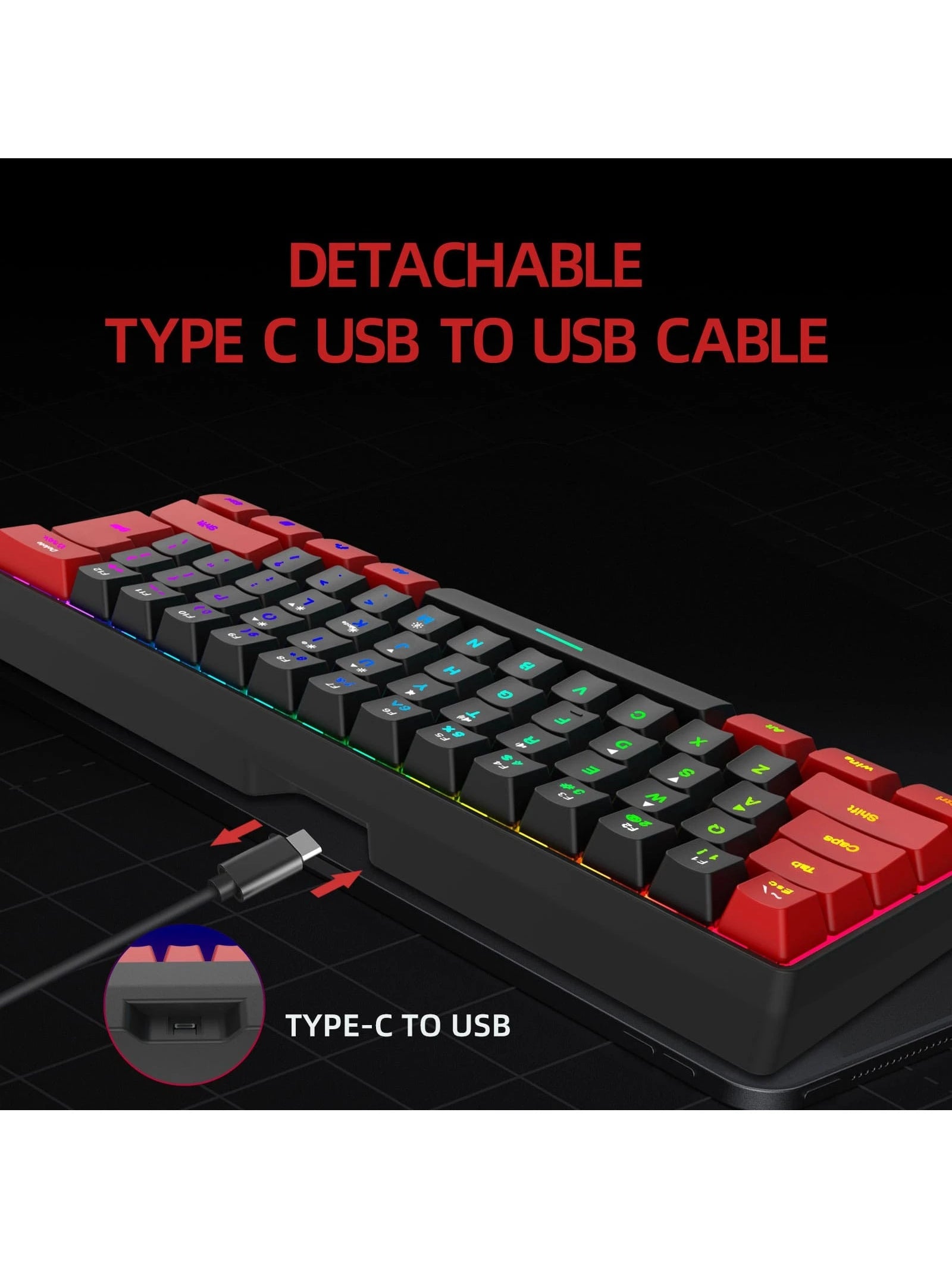 Snpurdiri One, Black and Red RGB Lighting ABS Material, Compact Mini Keyboard with Keyline Separation, Compact 61 Keyboard, for PC/ Gamers, Typists, Travel, Convenient 60% Wired Game Keyboard