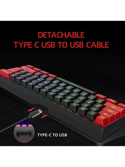 Snpurdiri One, Black and Red RGB Lighting ABS Material, Compact Mini Keyboard with Keyline Separation, Compact 61 Keyboard, for PC/ Gamers, Typists, Travel, Convenient 60% Wired Game Keyboard