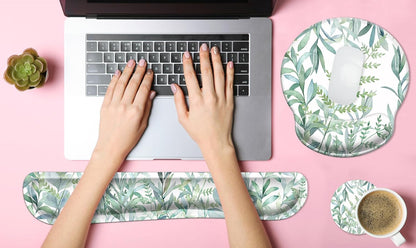 3 in 1 Ergonomic Mouse Pad with Wrist Support and Keyboard Wrist Rest Pad Set with Coaster,  Wrist Pad with Non-Slip Rubber Base & Raised Memory Foam, Easy Typing & Pain Relief, Green Plants