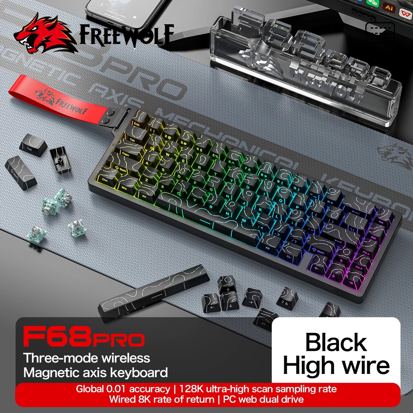 F68PRO 8K RGB Mechanical Keyboard ,Magnetic Switch,0.01Mm RT Accuracy,128K Scan Rate,Customs Gaming Keyboards