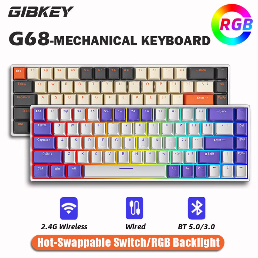 G68 Gaming Mechanical Keyboard Wireless/Bluetooth Hot-Swappable 65% Keyboards Customized RGB Backlit for Gamer Tablet Computer